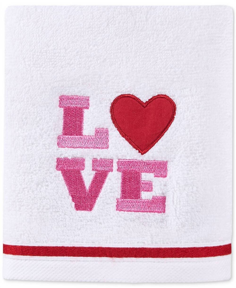 NEW MARTHA STEWART COLLECTION hearts embroidered hand towel in white comb
